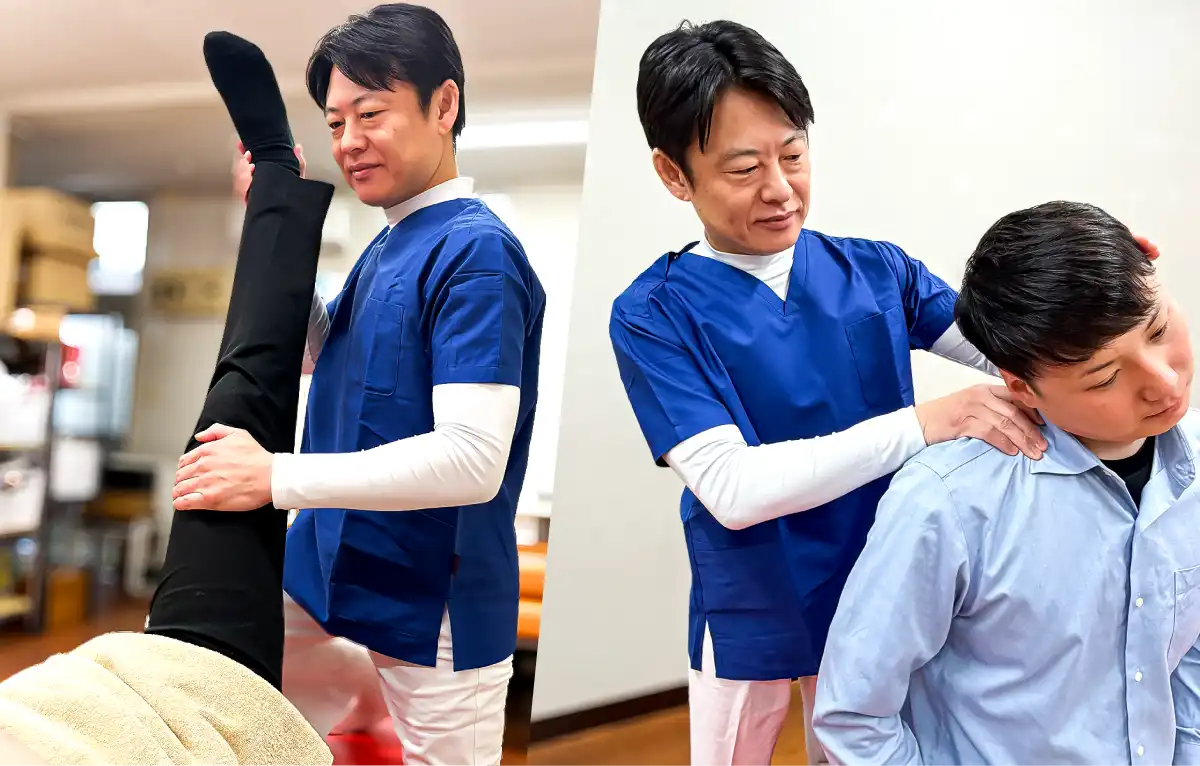 宮下先生が患者の脚や肩周りを検査している写真